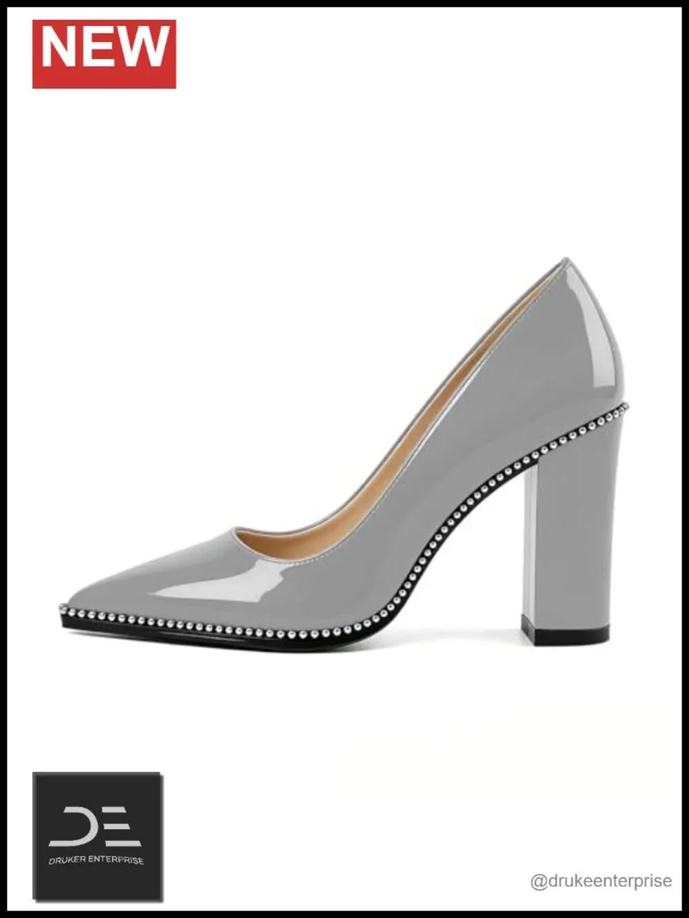 Chunky Heel Pumps Women Pointed Toe Block Heel 3.5 Inch Patent Leather Wedding